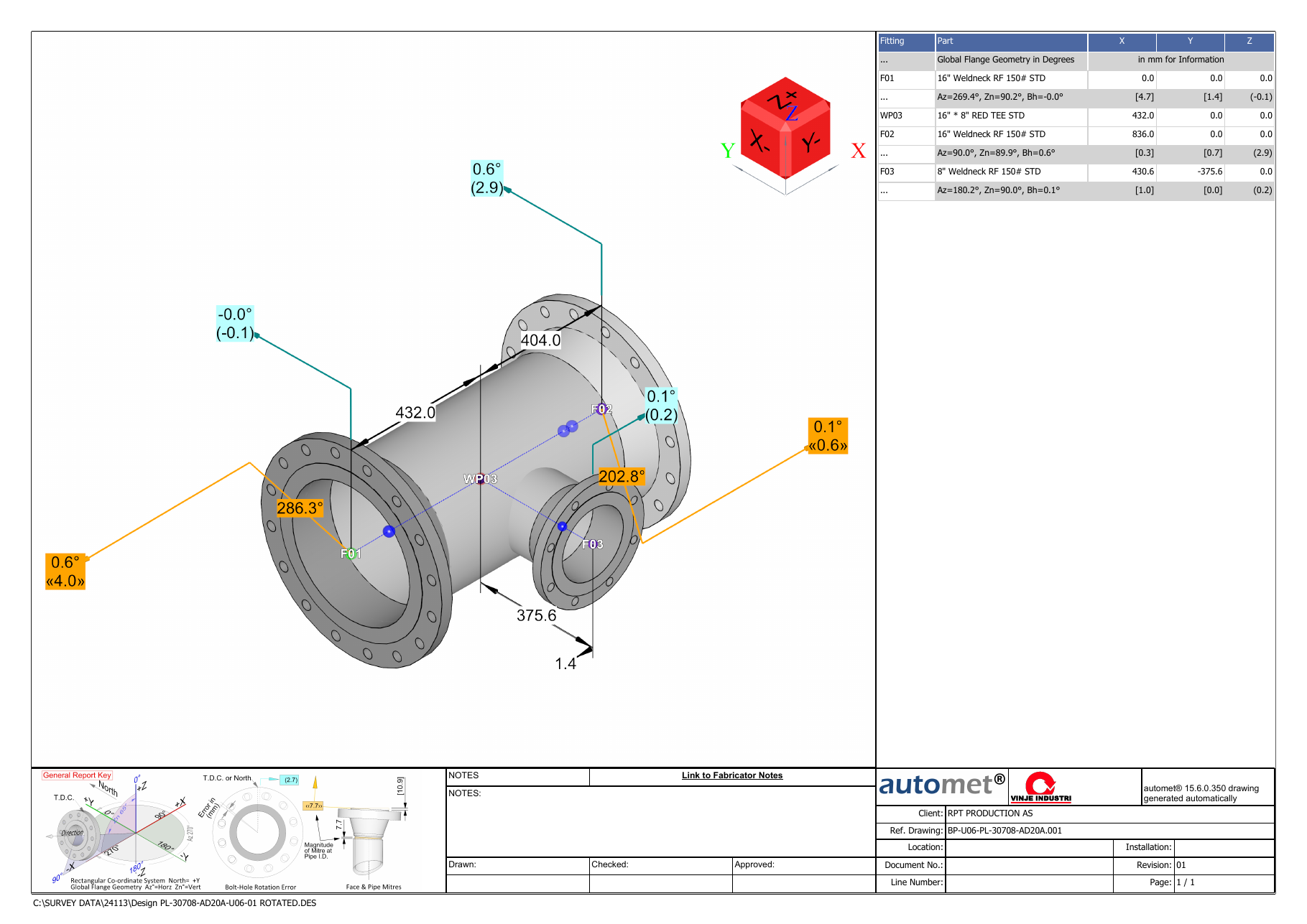 CAD model and dimensional information for an industrial pipe fitting